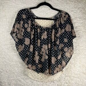 Red Mango Womens Boho Blouse Black Gray Floral Short Sleeve Scoop Neck Crochet S